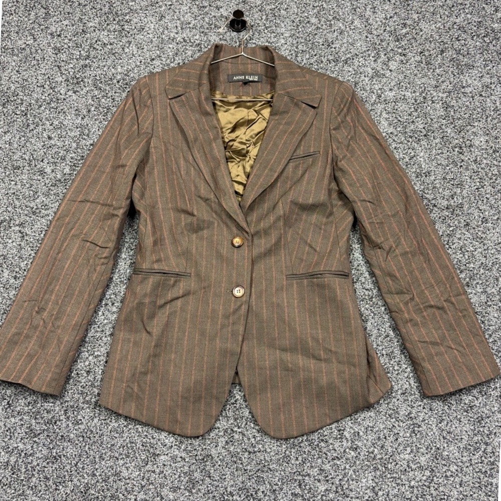 Anne Klein Blazer Womens 10 Brown Pinstripe Virgin Wool Stretch Office Jacket